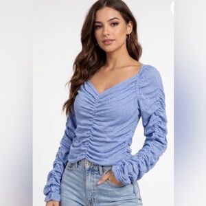 Elodie Light Blue Ruched Long Sleeve Blouse